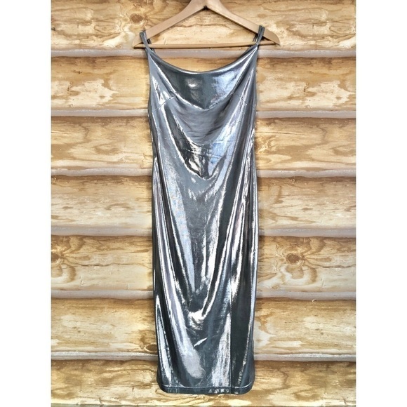 Rare London Urban Outfitters metallic silver formal backless draped dress - Picture 3 of 8